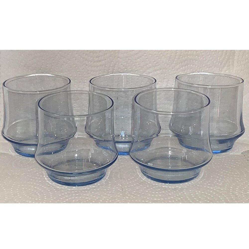Vintage (5) Libbey Impromptu Azure Blue Glass Tumblers Lowball Whiskey Glasses